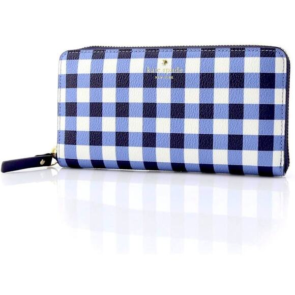 Kate Spade Hyde Lane Gingham Michele Zip Around Wallet in Navy White, New w/ Tag - Picture 1 of 10